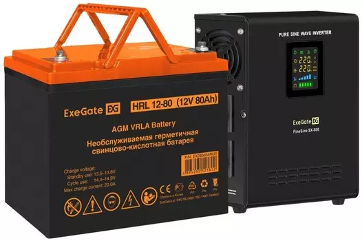 Комплект Exegate FineSine SX-800.LCD.AVR.2SH EX296529RUS ИБП EX295996RUS + батарея 80Aч EX285654RUS 1шт (инвертор, синус, для котла, настенный) 800VA/