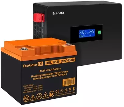 Комплект Exegate IdealSine SR-600.LCD.2SH EX297386RUS ИБП EX295992RUS + батарея 45Aч EX285666RUS 1шт (инвертор, синус, для котла, PF=1, настенный) 600