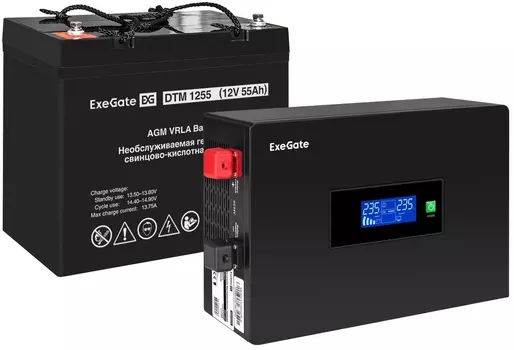 Комплект Exegate IdealSine SR-600.LCD.2SH EX297388RUS ИБП EX295992RUS + батарея 55Aч EX285667RUS 1шт (инвертор, синус, для котла, PF=1, настенный) 600