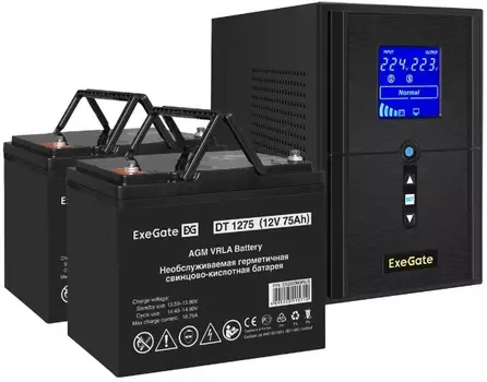 Комплект Exegate SineTower SZ-1000.LCD.AVR.2SH.1C13.USB EX296800RUS ИБП EX295987RUS + батарея 75Aч EX282983RUS 2шт (инвертор, синус, для котла) 1000VA