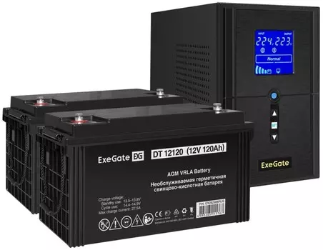 Комплект Exegate SineTower SZ-1000.LCD.AVR.2SH.1C13.USB EX296806RUS ИБП EX295987RUS + батарея 120Aч EX282988RUS 2шт (инвертор, синус, для котла), 1000