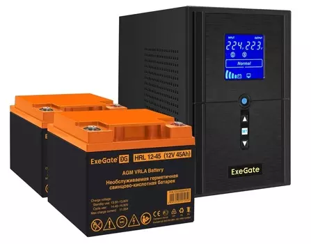 Комплект Exegate SineTower SZ-1000.LCD.AVR.2SH.1C13.USB EX296795RUS ИБП EX295987RUS + батарея 45Aч EX285666RUS 2шт (инвертор, синус, для котла) 1000VA