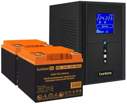 Комплект Exegate SineTower SZ-1500.LCD.AVR.2SH.1C13.USB EX296818RUS ИБП EX295988RUS + батарея 45Aч EX285666RUS 2шт (инвертор, синус, для котла) 1500VA