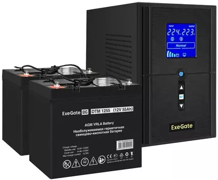 Комплект Exegate SineTower SZ-1500.LCD.AVR.2SH.1C13.USB EX296819RUS ИБП EX295988RUS + батарея 55Aч EX285667RUS 2шт (инвертор, синус, для котла) 1500VA