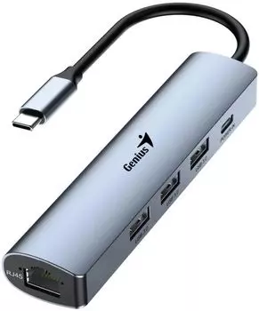 Концентратор Genius UH-545 31240004400 RJ45 (1GB)x1, USB-C(3A)x1, USB-A 3.0x3, кабель Type-C 15 см, grey