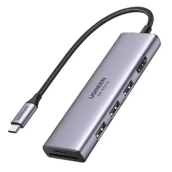 Концентратор UGREEN CM511 USB-C to HDMI+2*USB-A 3.2+2*USB 3.2 C+PD Power Converter, цвет: серый
