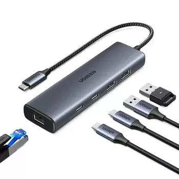 Концентратор UGREEN CM512 USB 3.2 C to USB-A 3.2+USB-A 2.0+2* USB-C 3.2 Converter + Gigabit with USB-C Power Port, цвет: серый