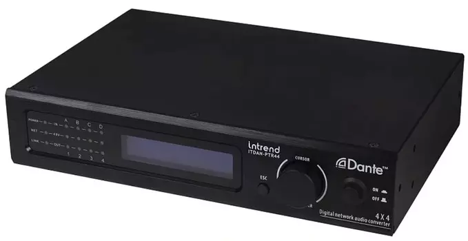 Конвертер INTREND ITDAN-PTR44 Dante - аналог. 4 входа/4 выхода phoenix, 2xRJ45(Dante). встроенный аудиопроцессор (gain, phantom power, mute). Управлен