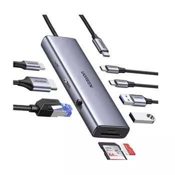Конвертер UGREEN CM498 15375_ USB-C to 2*USB3.0+2*USB-C+HDMI+RJ45+SD&TF +PD port Converter. Цвет: серый