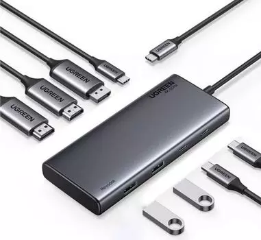 Конвертер UGREEN CM639 35625_ 8-in-1 4K/60Hz USB-C to 2*USB-A 3.2+2*USB-C 3.2+2*HDMI+DP+PD port. Цвет: серый
