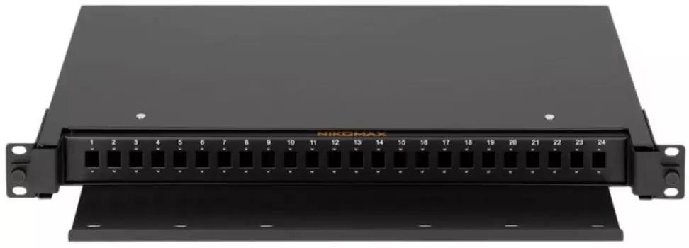 Кросс оптический стоечный 19" выдвижной 1U NIKOMAX NMF-RP24SC-TS-P1-1U-BK Premium Line, до 24 SC портов или 48 LC портов, со съёмной полкой, черный, в
