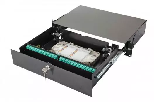 Кросс оптический стоечный Eurolan 47F-48-30-2L-48-11BL 47F-48, 19'' 2U выдвижная, корпус на 48 адаптеров, 48 дуплекс LC адаптеров, OM3