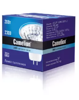 Лампа галогенная Camelion™ JCDR 20W GX5.3 20Вт, 38°, GU5.3, 220В, 300лм, 300кд, 2000 часов работы, с дихроичным отражателем и защитным стеклом (6138)