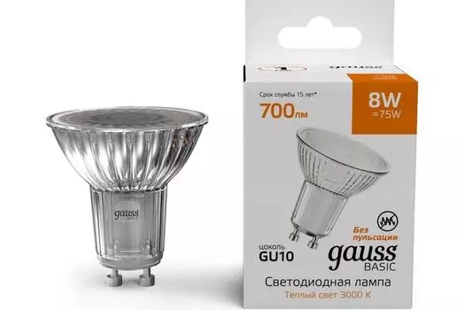 Лампа светодиодная Gauss 10106182 Basic 8Вт цок.:GU10 софит св.свеч.теп.св./дневн.