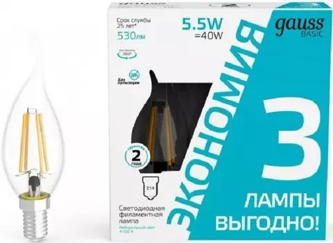 Лампа светодиодная Gauss 1041126T Basic 5.5Вт цок.:E14 свеча 220B 4100K св.свеч.бел.нейт. (3шт)