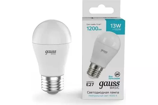 Лампа светодиодная Gauss 10502232 Basic 13Вт цок.:E27 шар св.свеч.бел.нейт.