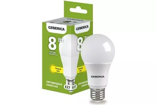 Лампа светодиодная GENERICA LL-A60-08-230-30-E27-G A60 8Вт грушевидная 3000К E27 230В