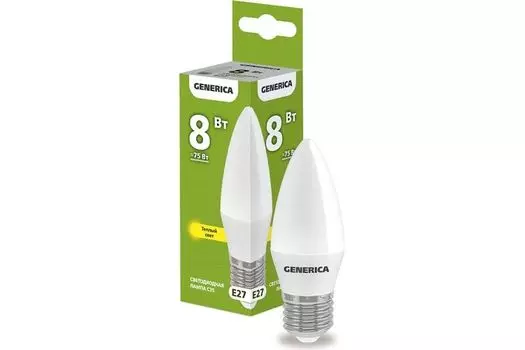 Лампа светодиодная GENERICA LL-C35-08-230-30-E27-G C35 8Вт свеча 3000К E27 230В