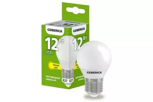 Лампа светодиодная GENERICA LL-G45-12-230-30-E27-G G45 12Вт шар 3000К E27 230В