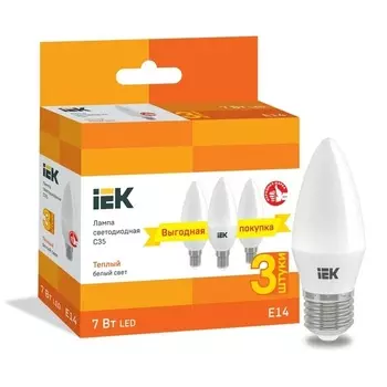 Лампа светодиодная IEK LLE-C35-07-230-30-E14-3 C35 свеча 7Вт 230В 3000К E14 (уп.3шт)