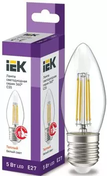 Лампа светодиодная IEK LLF-C35-5-230-30-E27-CL филаментная C35 свеча прозрачная 5Вт 230В 3000К E27 серия 360°