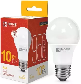 Лампа светодиодная IN HOME 4690612020204 LED-A60-VC 10Вт грушевидная 3000К теплый, белый E27 950лм 230В
