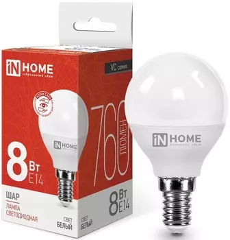 Лампа светодиодная IN HOME 4690612020556 LED-ШАР-VC 8Вт шар 4000К нейтральный, белый E14 760лм