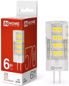 Лампа светодиодная IN HOME 4690612036144 LED-JCD 6Вт капсульная прозрачная 4000К нейтральный, белый G4 570лм