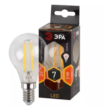 Лампа светодиодная ЭРА Б0027946 F-LED P45-7W-827-E14 (филамент, шар, 7Вт, тепл, E14)