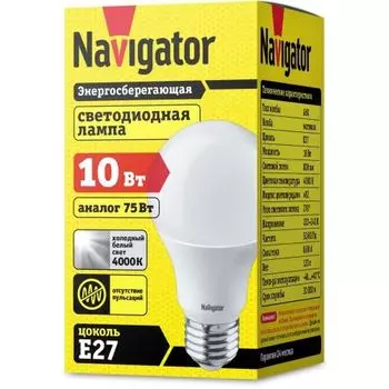 Лампа светодиодная Navigator NLL-A60-10-230-4K-E27 10Вт, 176–264В, 4000К, 800лм, E27, 60х108мм, груша (94388)