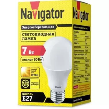Лампа светодиодная Navigator NLL-A60-7-230-2.7K-E27 7Вт, 176–264В, 2700К, 525лм, E27, 60х106мм, груша (94385)