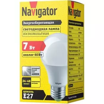 Лампа светодиодная Navigator NLL-A60-7-24/48-4K-E27 7Вт, 24/48В, 4000К, 560лм, Е27, 60х108мм, груша, матовая (61474)