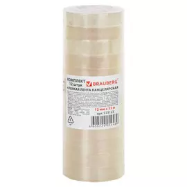 Лента BRAUBERG 223123 клейкая, канцелярская, 12 мм х 33 м, 12 шт, прозр., гарант. длина