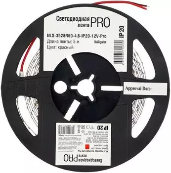 Лента светодиодная Navigator NLS-3528R60-4.8-IP20-12V-Pro 60LED/м, 4,8Вт, 12В DC, нарез. кр. 50мм, красный, IP20, 5м. в ролле (71437)