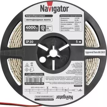 Лента светодиодная Navigator NLS-3528W120-9.6-IP20-12V 120LED/м, 9,6Вт, 12В DC, нарез. кр. 25мм, холодный белый 4000К, IP20, 5м. в ролле (71408)