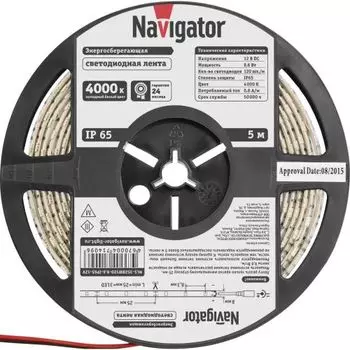 Лента светодиодная Navigator NLS-3528W120-9.6-IP65-12V 120LED/м, 9,6Вт, 12В DC, нарез. кр. 25мм, холодный белый 4000К, IP65, 5м. в ролле (71409)
