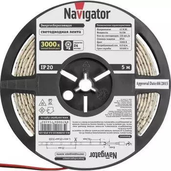 Лента светодиодная Navigator NLS-3528WW120-9.6-IP20-12V 71 410 120LED/м, 9,6Вт, 12В DC, нарез. кр. 25мм, теплый белый 3000К, IP20, 5м. в ролле (71410)