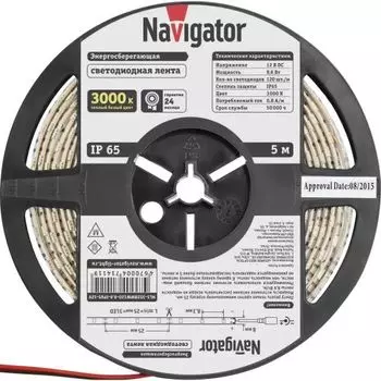 Лента светодиодная Navigator NLS-3528WW120-9.6-IP65-12V 120LED/м, 9,6Вт, 12В DC, нарез. кр. 25мм, теплый белый 3000К, IP65, 5м. в ролле (71411)