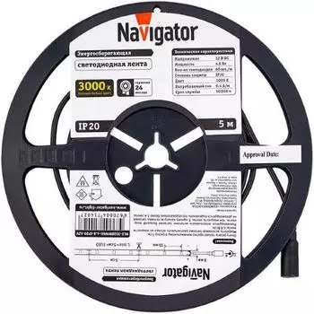 Лента светодиодная Navigator NLS-3528WW60-4.8-IP20-12V 60LED/м, 4,8Вт, 12В DC, нарез. кр. 50мм, теплый белый 3000К, IP20, 5м. в ролле (71402)
