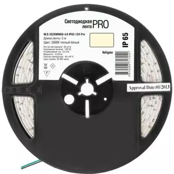 Лента светодиодная Navigator NLS-3528WW60-4.8-IP65-12V-Pro 60LED/м, 4,8Вт, 12В DC, нарез. кр. 50мм, теплый белый 3000К, IP65, 5м. в ролле (71704)