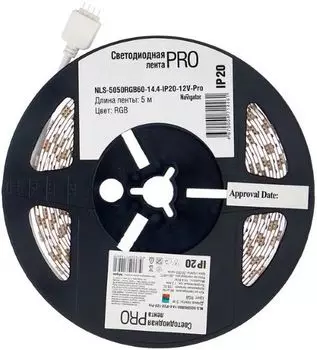 Лента светодиодная Navigator NLS-5050RGB60-14.4-IP20-12V-Pro 60LED/м, 14,4Вт, 12В DC, нарез. кр. 50мм, RGB, IP20, 5м. в ролле (71446)