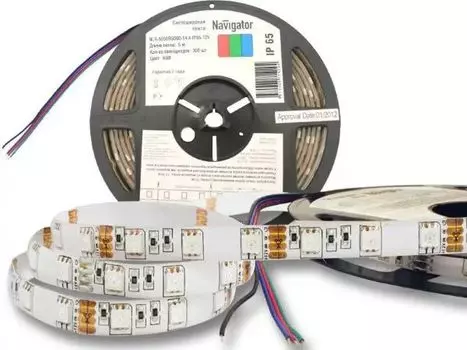 Лента светодиодная Navigator NLS-5050RGB60-14.4-IP65-12V 71 429 60LED/м, 14,4Вт, 12В DC, нарез. кр. 50мм, RGB, IP65, 5м. в ролле (71429)