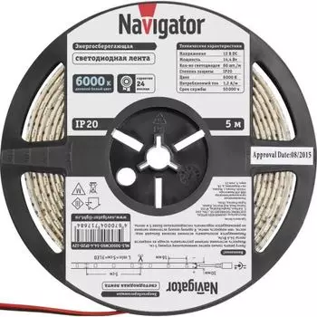 Лента светодиодная Navigator NLS-5050СW60-14.4-IP20-12V 60LED/м, 14,4Вт, 12В DC, нарез. кр. 50мм, дневной белый 6000К, IP20, 5м. в ролле (71768)