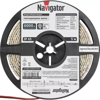 Лента светодиодная Navigator NLS-5050СW60-14.4-IP65-12V 60LED/м, 14,4Вт, 12В DC, нарез. кр. 50мм, дневной белый 6000К, IP65, 5м. в ролле (71769)