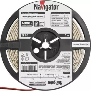 Лента светодиодная Navigator NLS-5050W60-14.4-IP20-12V 60LED/м, 14,4Вт, 12В DC, нарез. кр. 50мм, холодный белый 4000К, IP20, 5м. в ролле (71424)