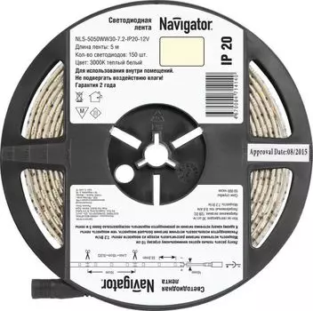 Лента светодиодная Navigator NLS-5050WW30-7.2-IP20-12V 30LED/м, 7,2Вт, 12В DC, нарез. кр. 100мм, теплый белый 3000К, IP20, 5м. в ролле (71414)