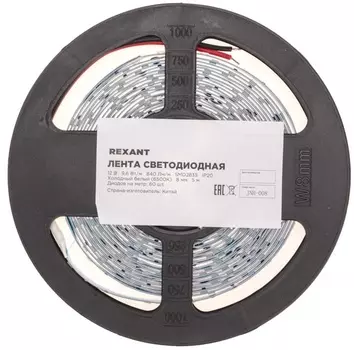 Лента светодиодная Rexant 141-217 12В, SMD2835, 9,6Вт/м, 60 LED/м, 6500K, 8мм, 5м, IP20