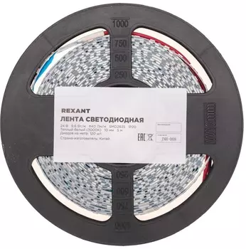 Лента светодиодная Rexant 141-637 24В, SMD2835, 9,6Вт/м, 120 LED/м, 3000K, 10мм, 5м,IP20