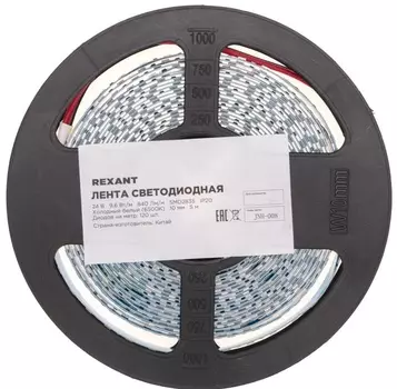 Лента светодиодная Rexant 141-639 24В, SMD2835, 9,6Вт/м, 120 LED/м, 6500K, 10мм, 5м,IP20