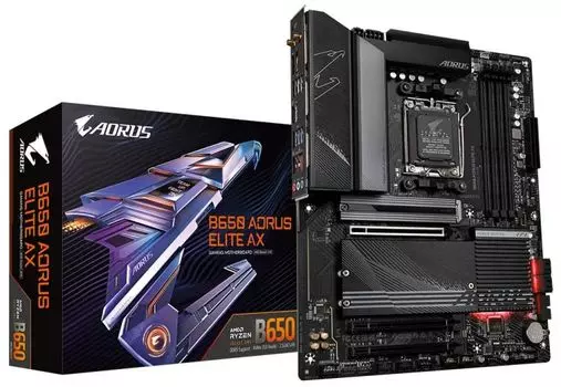 Материнская плата ATX GIGABYTE B650 AORUS ELITE AX (AM5, AMD B650, 4*DDR5 (6666), 4*SATA 6G RAID, 3*M.2, 3*PCIE, 2.5Glan, WiFi, BT, HDMI, DP, USB Type